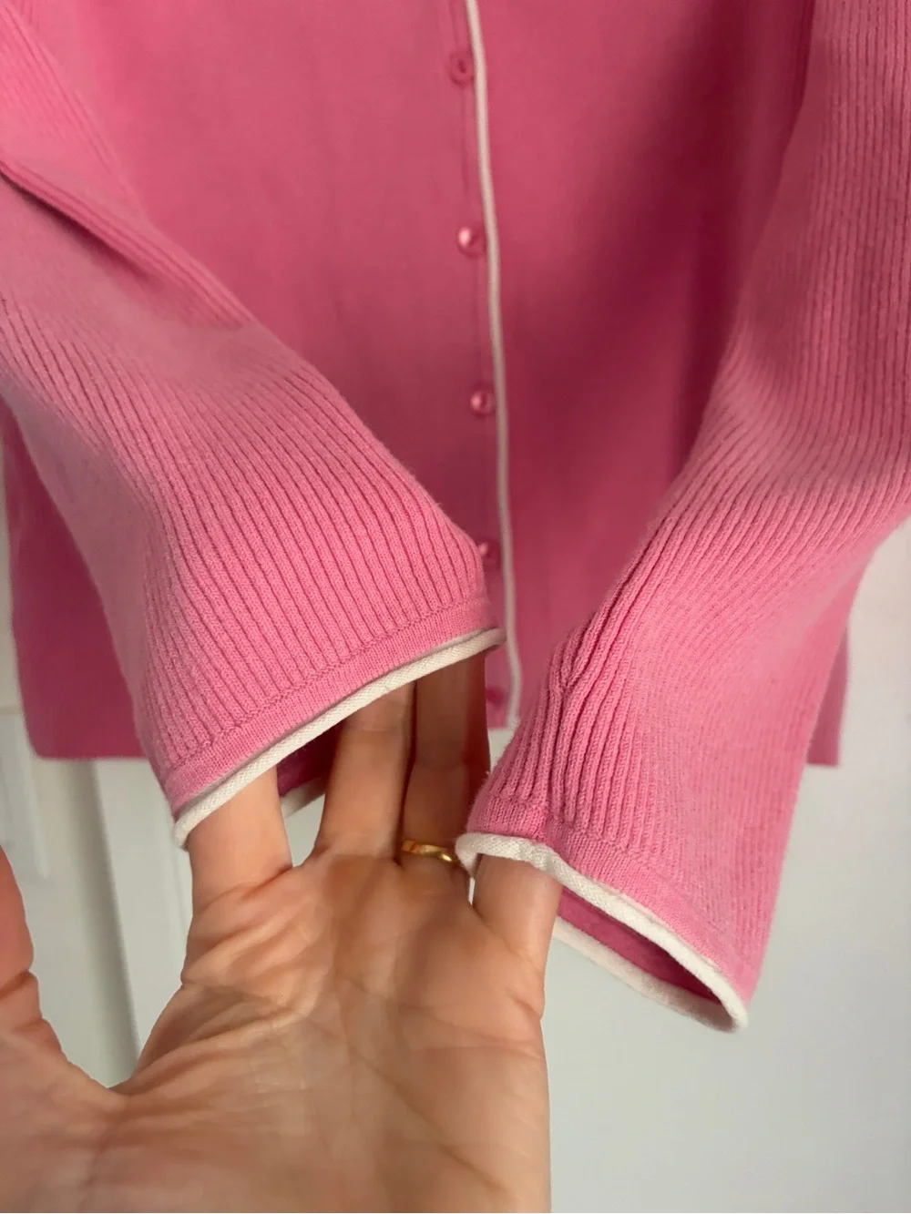 LOFT Pink Ribbed V-Neck Cardigan with white Trim - Picture 7 of 15